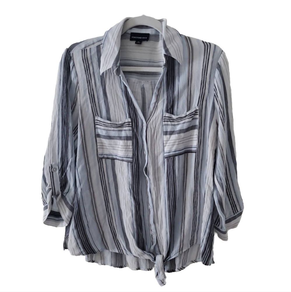 Fortune & Ivy Women's Collared Striped Button Up Tie Front Popover Top Shirt XL